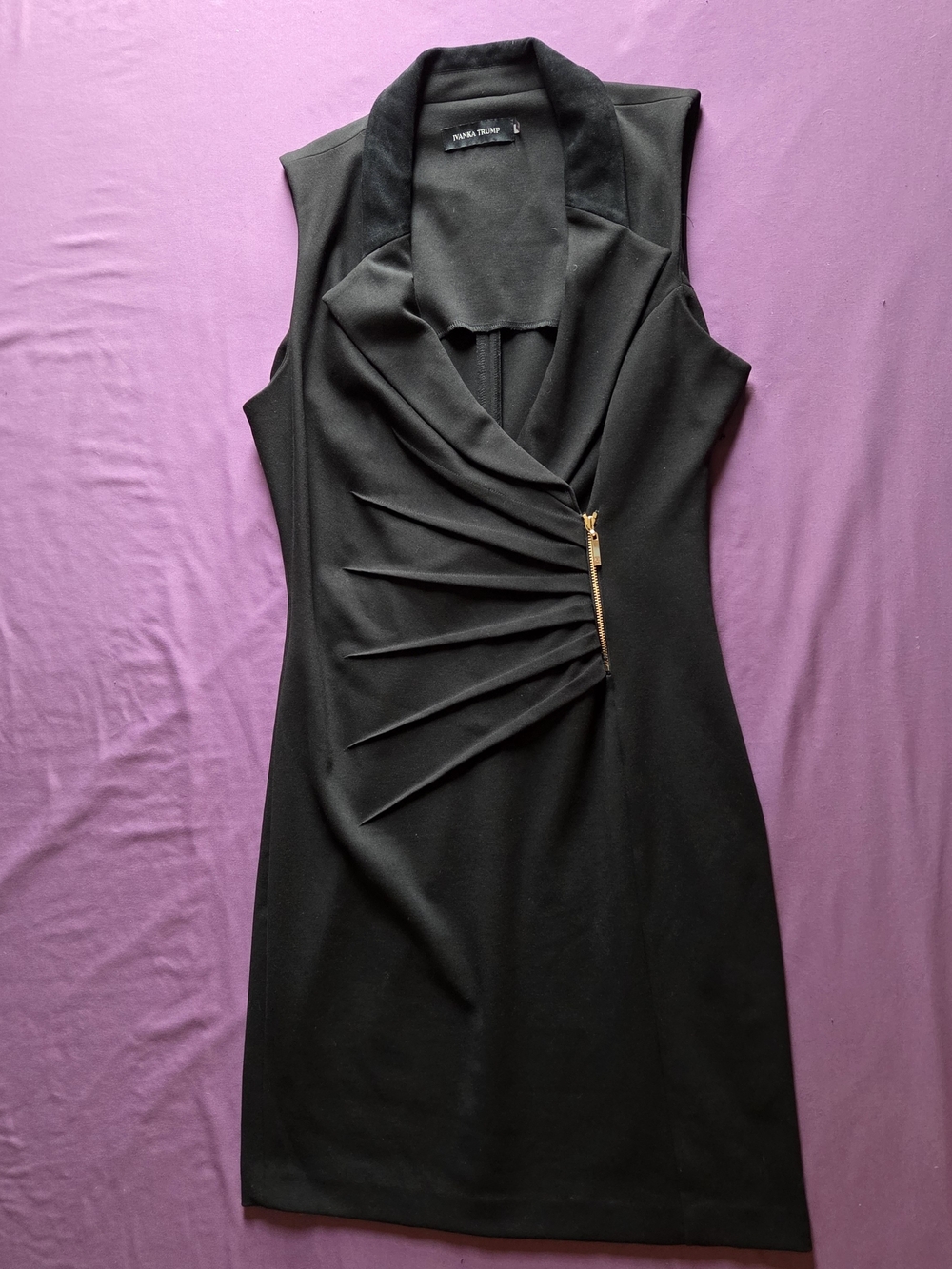 Ivanka Trump Black Sleeveless Pleated Sheath Dress with Gold Zip Accent